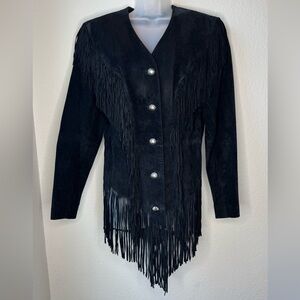 Cripple Creek Fringe Suede Leather Jacket M Black Western Boho Concho Buttons‎